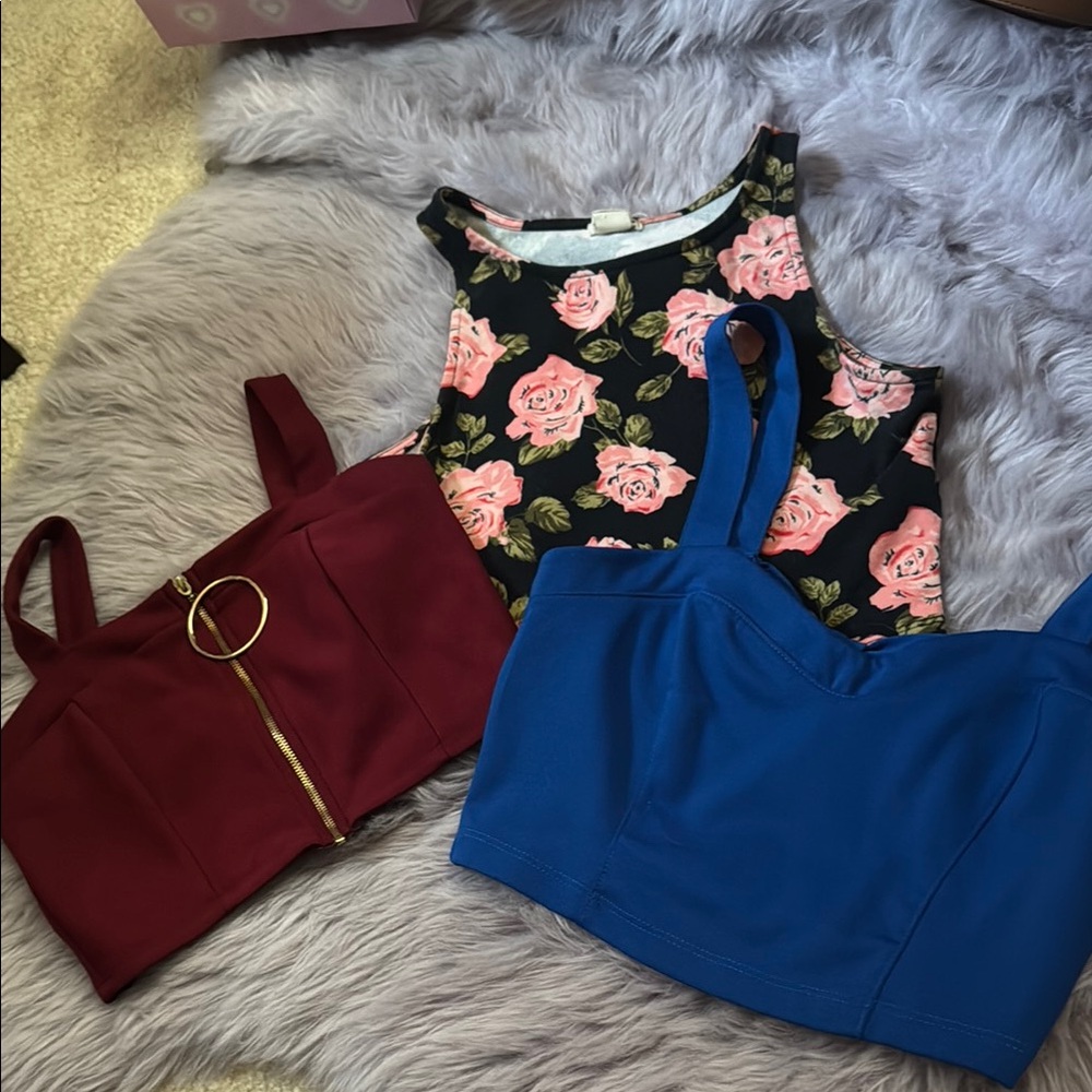 3pk Floral, Burgundy, and Blue Women's Crop Tops